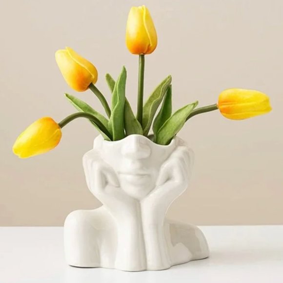 Anthropologie Other - New Anthropologie Boho White Ceramic Female Face Abstract Flower Vase